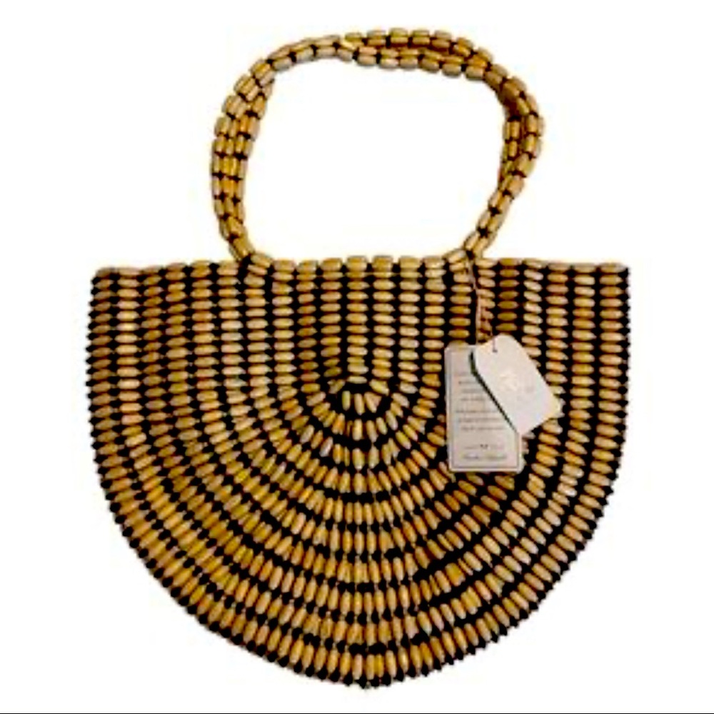 Chic Black/Tan Vacation Stylish Shoulder Bag with Woden Beaded Design - Picture 3 of 6